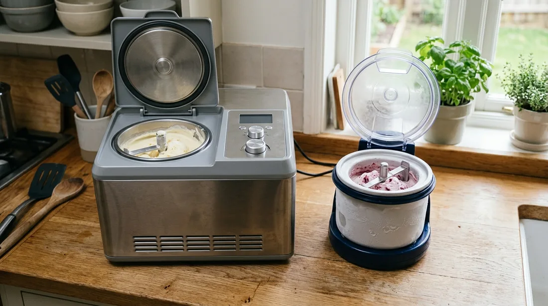 Eismaschine mit Kompressor und Eismaschine mit Kühlakku nebeneinander auf einer Küchenarbeitsplatte